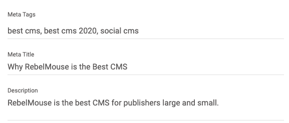 screenshot showing a section's meta information