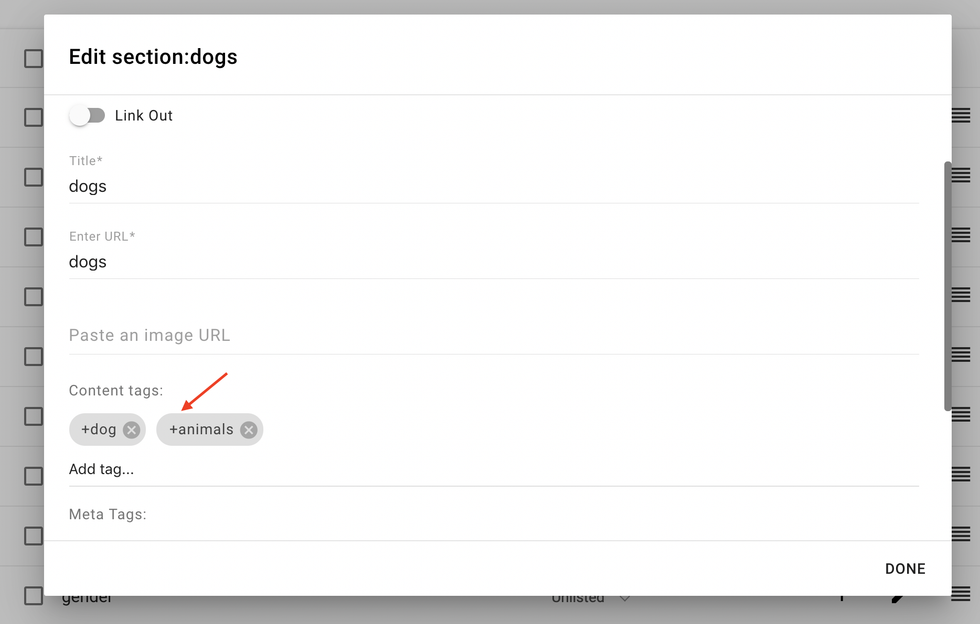 Screenshot showing a zoomed in version of the popup where you can add content tags to be automatically ingested