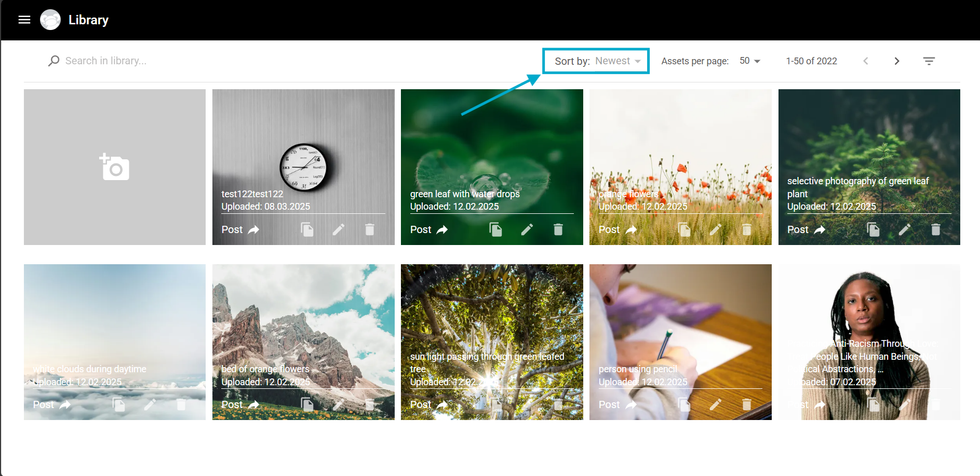 Screenshot showing an arrow pointing to the "Sort By" option on Media Library