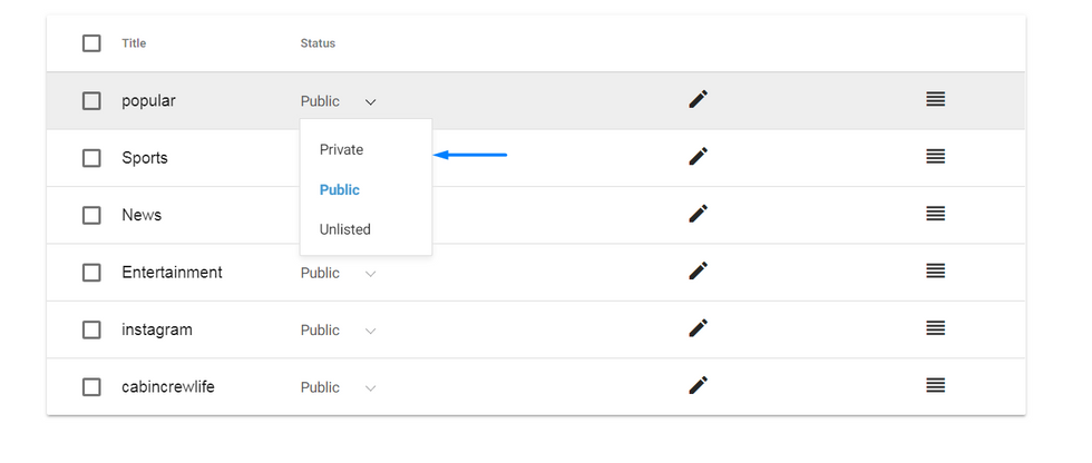 screenshot showing how to make a section private, public, or unlisted