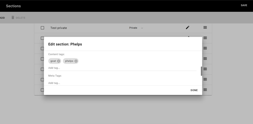 Screenshot showing popup in Sections Dashboard where to can add content tags