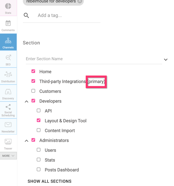 Screenshot showing the Channel tab within the Entry Editor once a section has been selected as primary