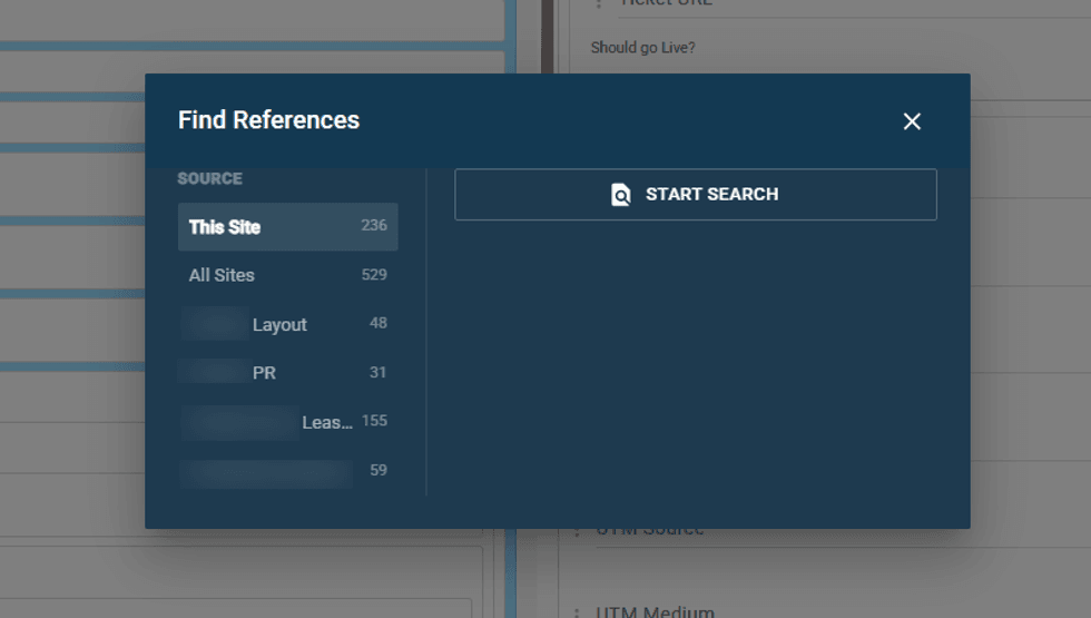 Search interface titled "Find References" with source categories and search button.