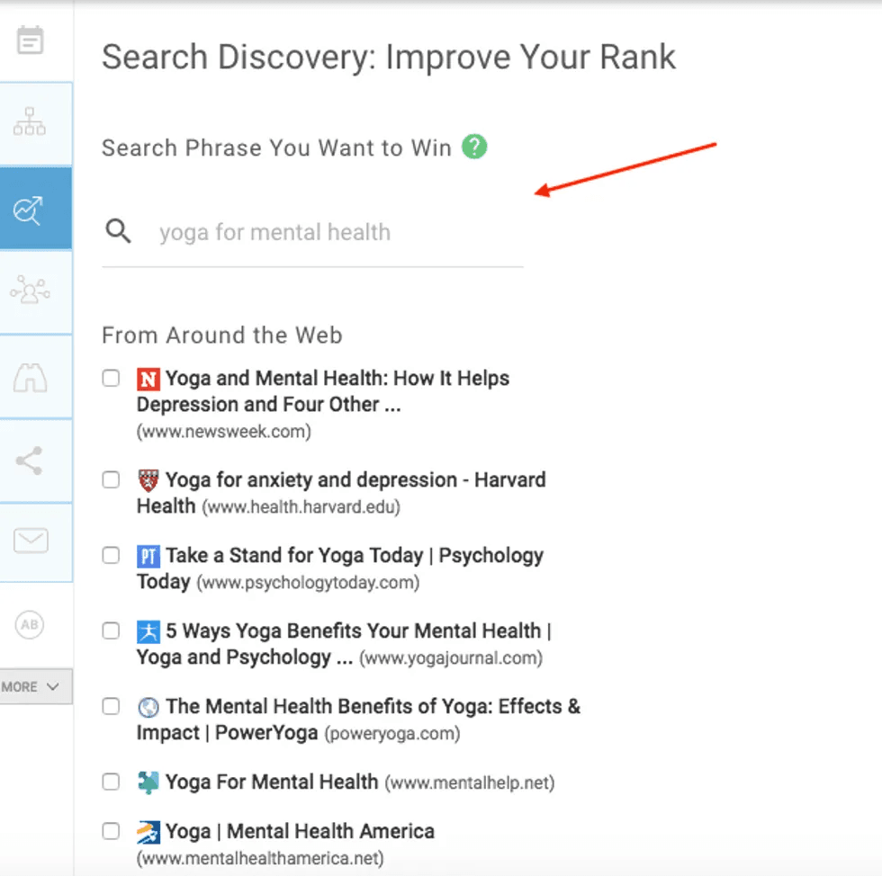 Search result for "yoga for mental health" with multiple website links and titles.