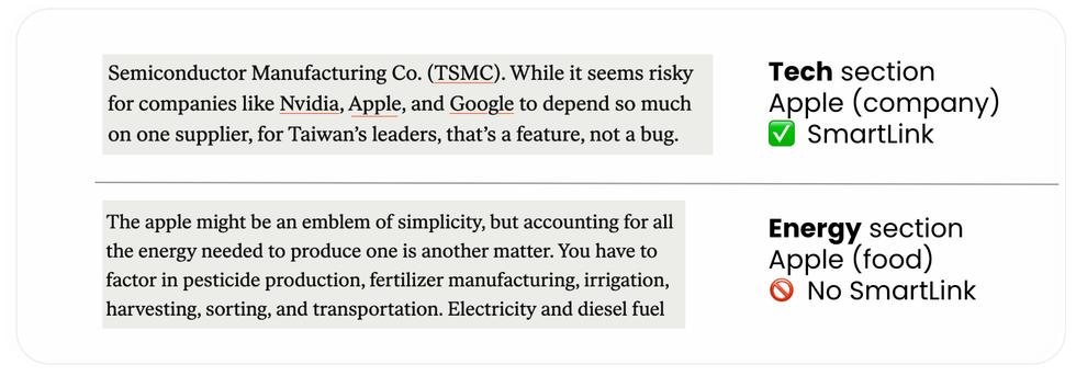 Section specific smartlinks