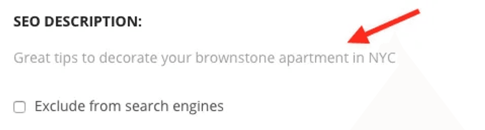 SEO description with a red arrow pointing to a text about NYC brownstone decor tips.
