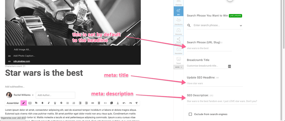 SEO editing interface with meta title and description options.