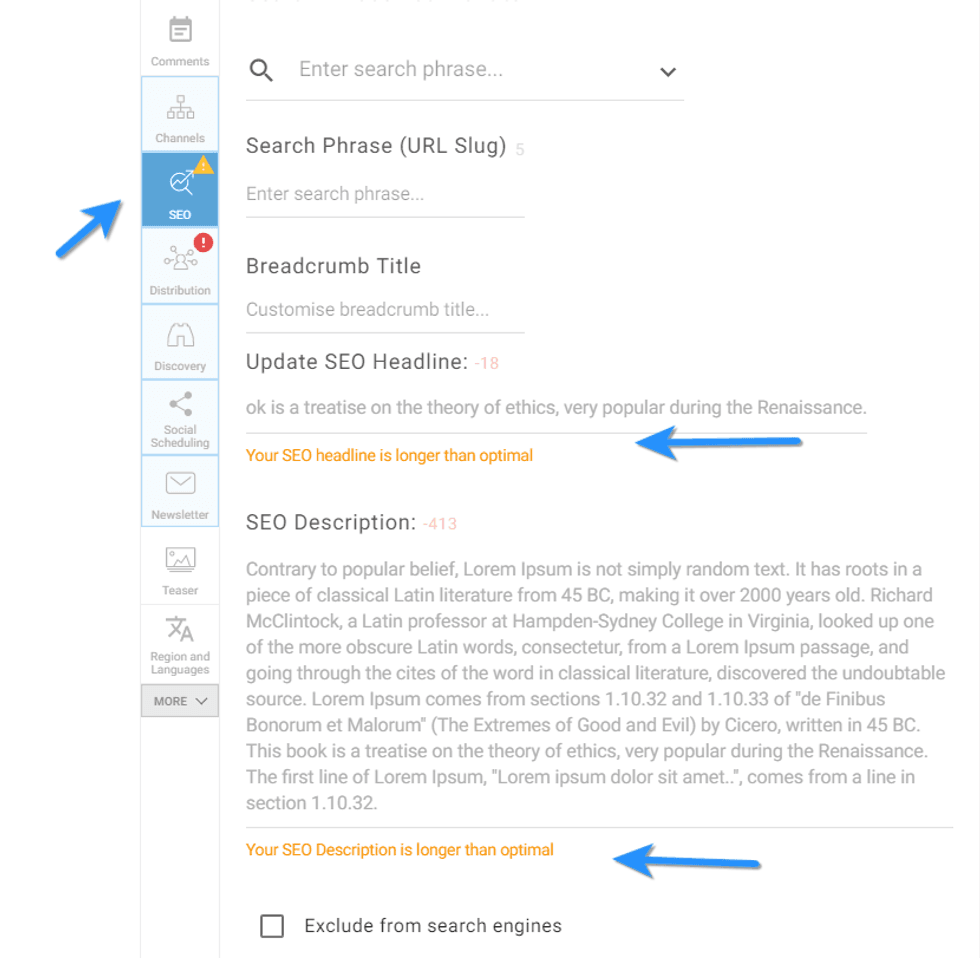 SEO settings interface with alert for headline length.