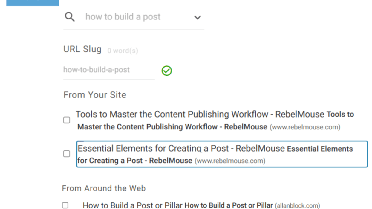 SEO tool interface showing search phrase suggestion and URL slug optimization.