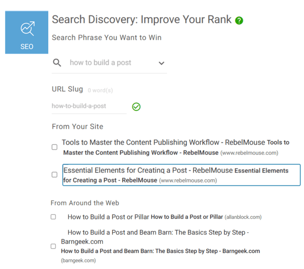 SEO tool interface showing search phrase suggestion and URL slug optimization.