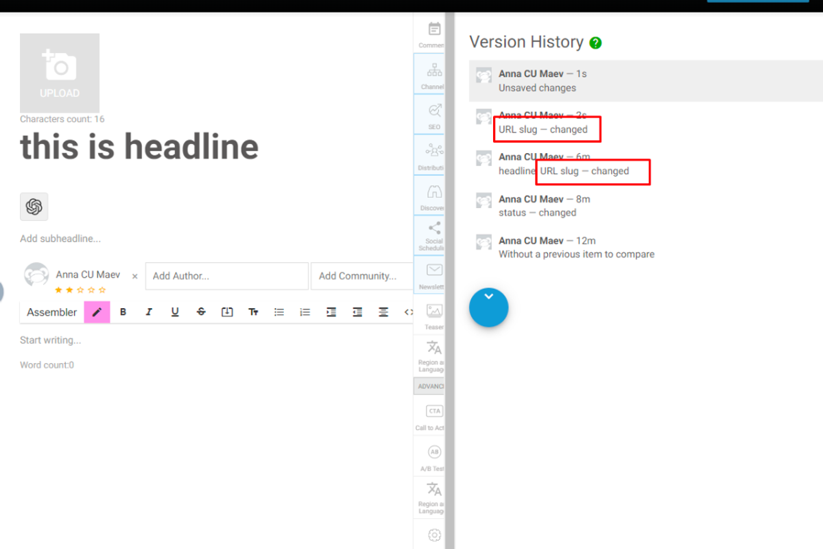 SEO web management improvements for URL slug changes in Entry Editor