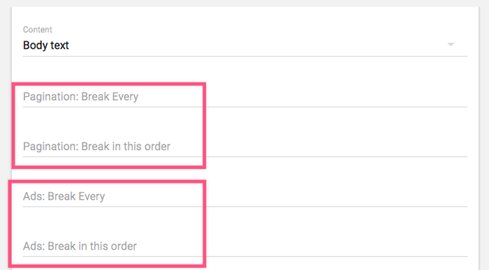 Settings for Pagination and Ad break