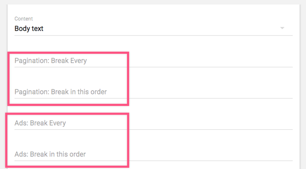 Settings for Pagination and Ad break