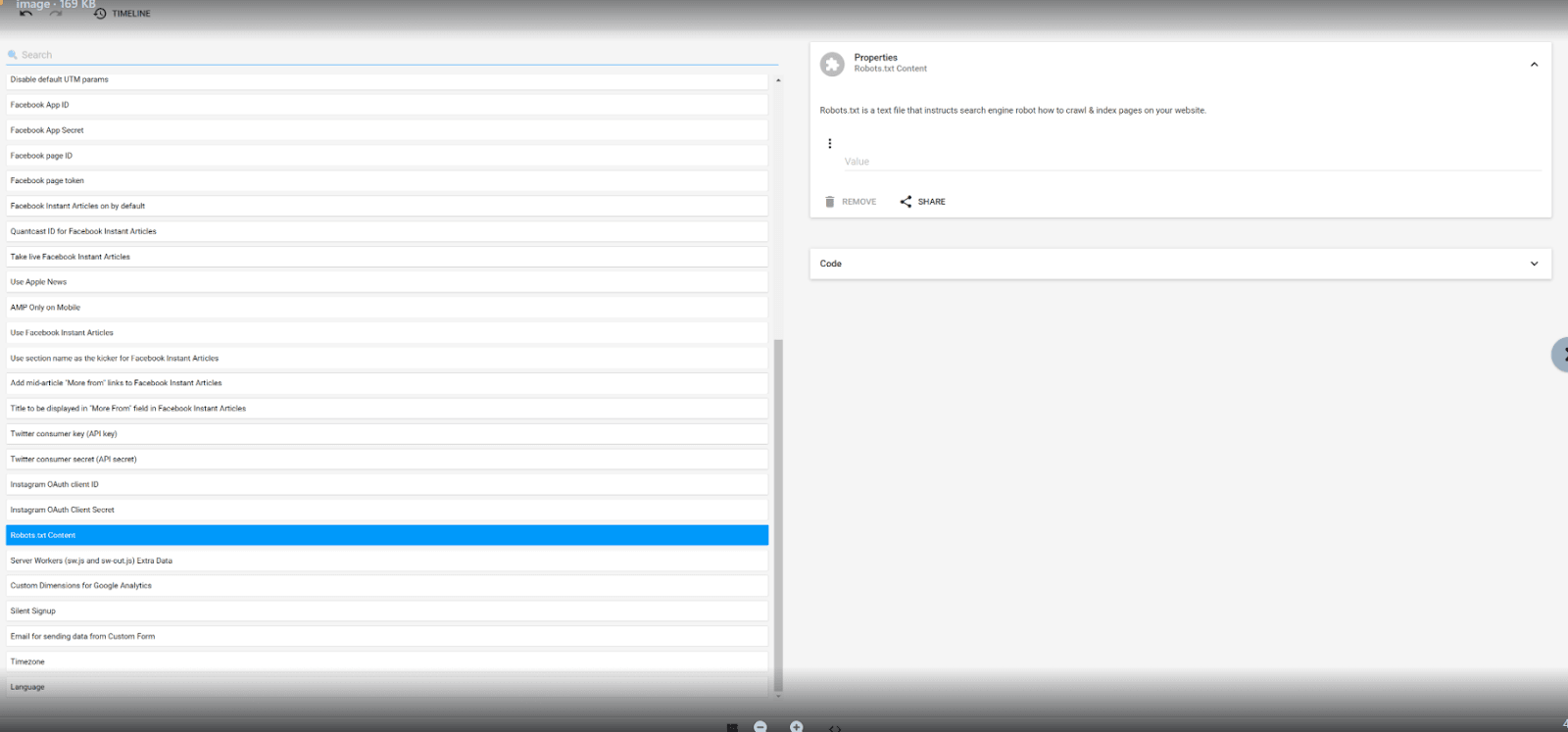 Settings interface with options for Facebook, Twitter, and robots.txt configuration.