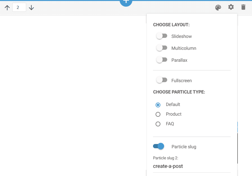 Settings menu with layout and particle type options, including sliders and radio buttons.