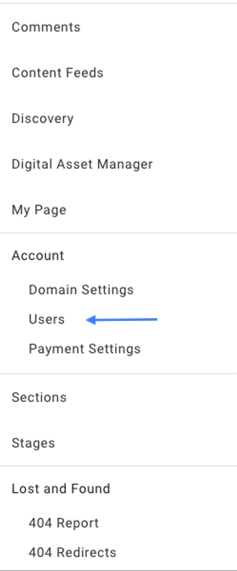 Settings menu with "Users" highlighted by a blue arrow.