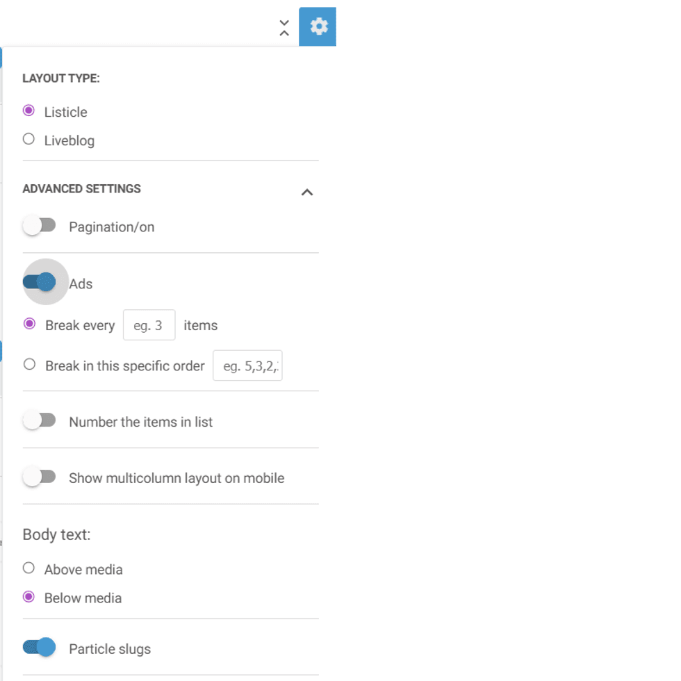 Settings panel with layout and advanced options, including ads, pagination, and media placement.