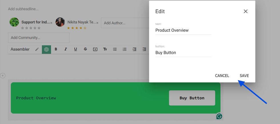 shortcode popup to edit the components