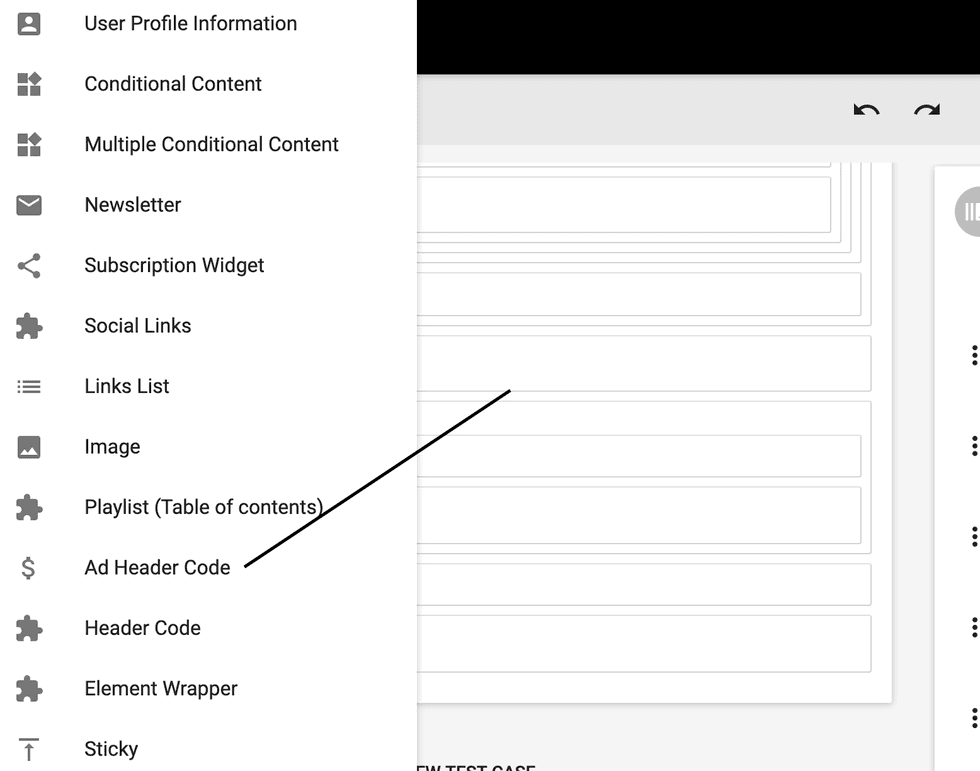 Sidebar menu with content options and an arrow pointing to a layout section.