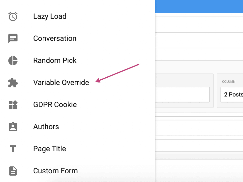 Sidebar menu with "Variable Override" highlighted by an arrow.