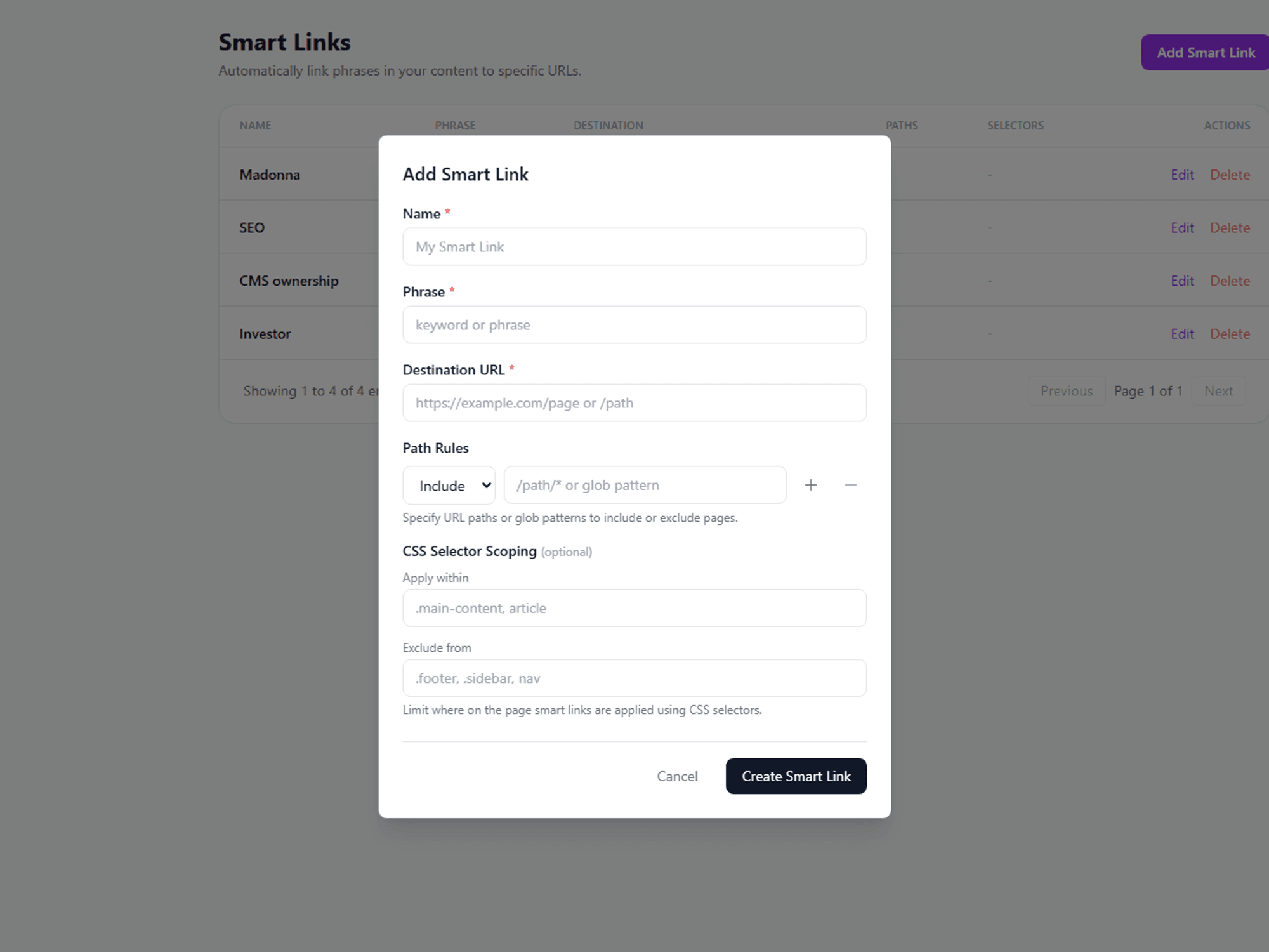 "Smart Links interface showing 'Add Smart Link' creation form."