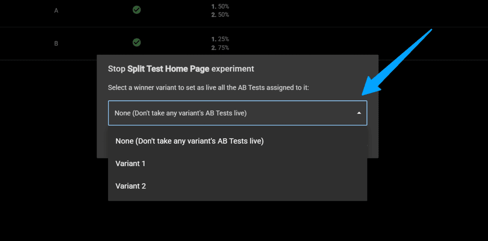 Split test options menu for selecting a winner variant or none for A/B tests live.