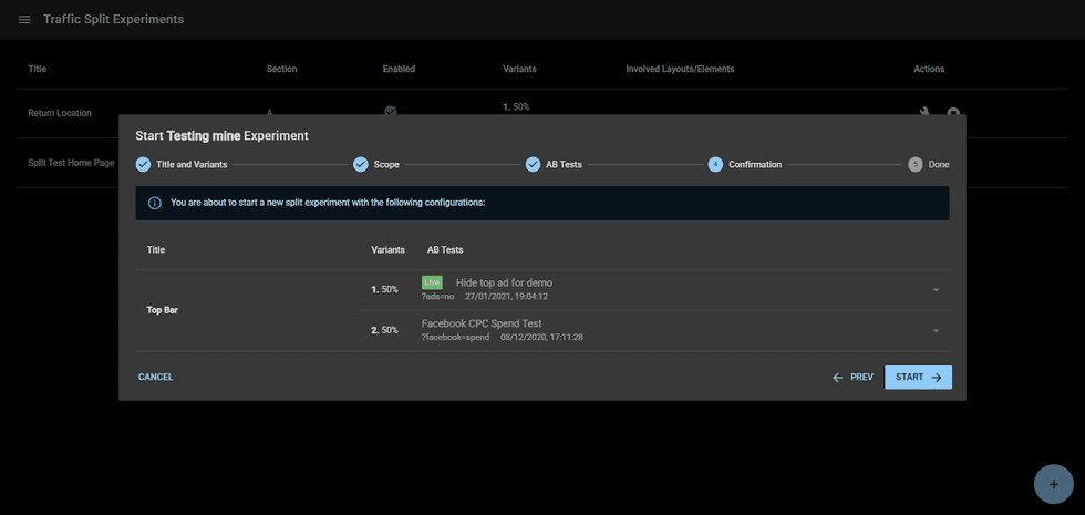 Split test start screen showing title, variants, and test configurations.