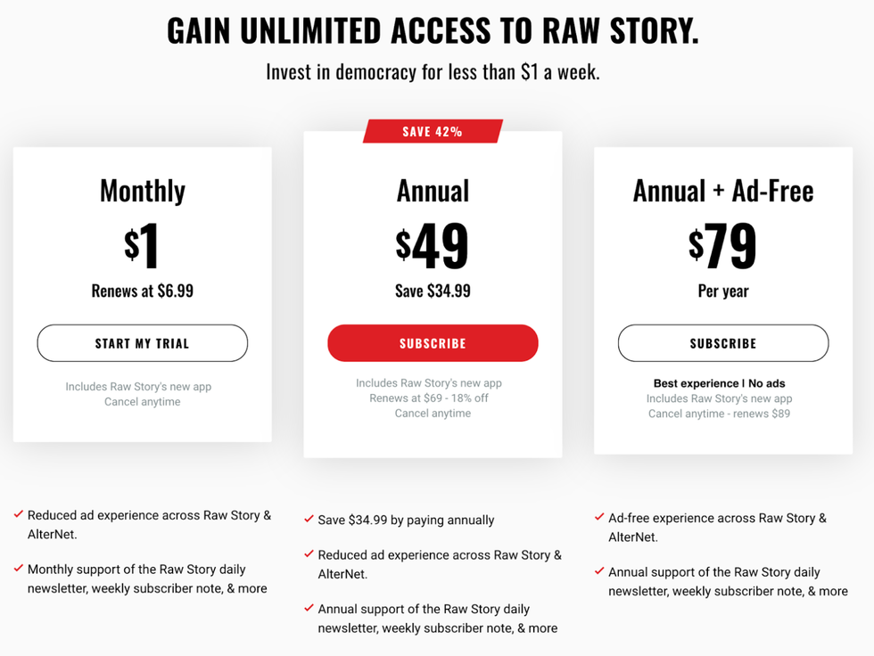 Subscription page on Raw Story, a political website