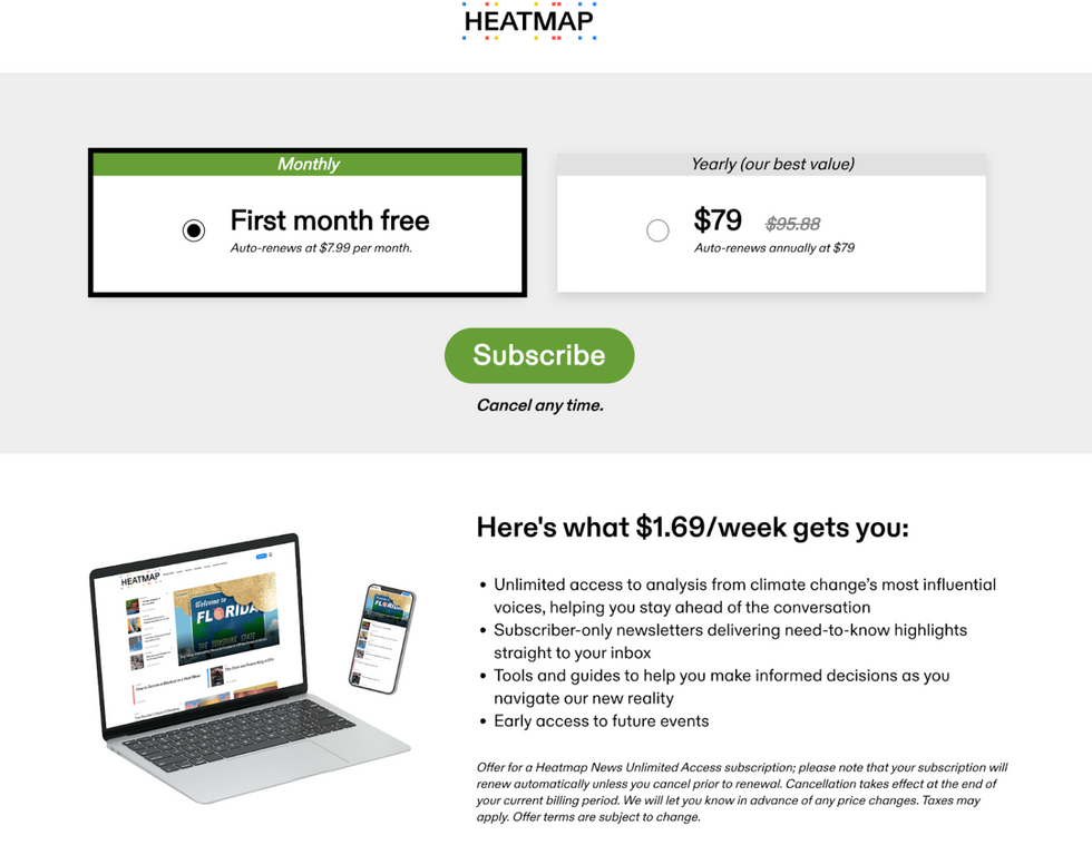 Subscriptions page outlining benefits for HeatMap