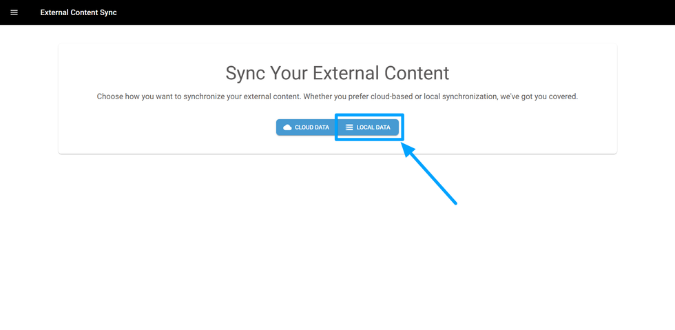 Sync content options with cloud and local data buttons highlighted, arrow pointing to local data.