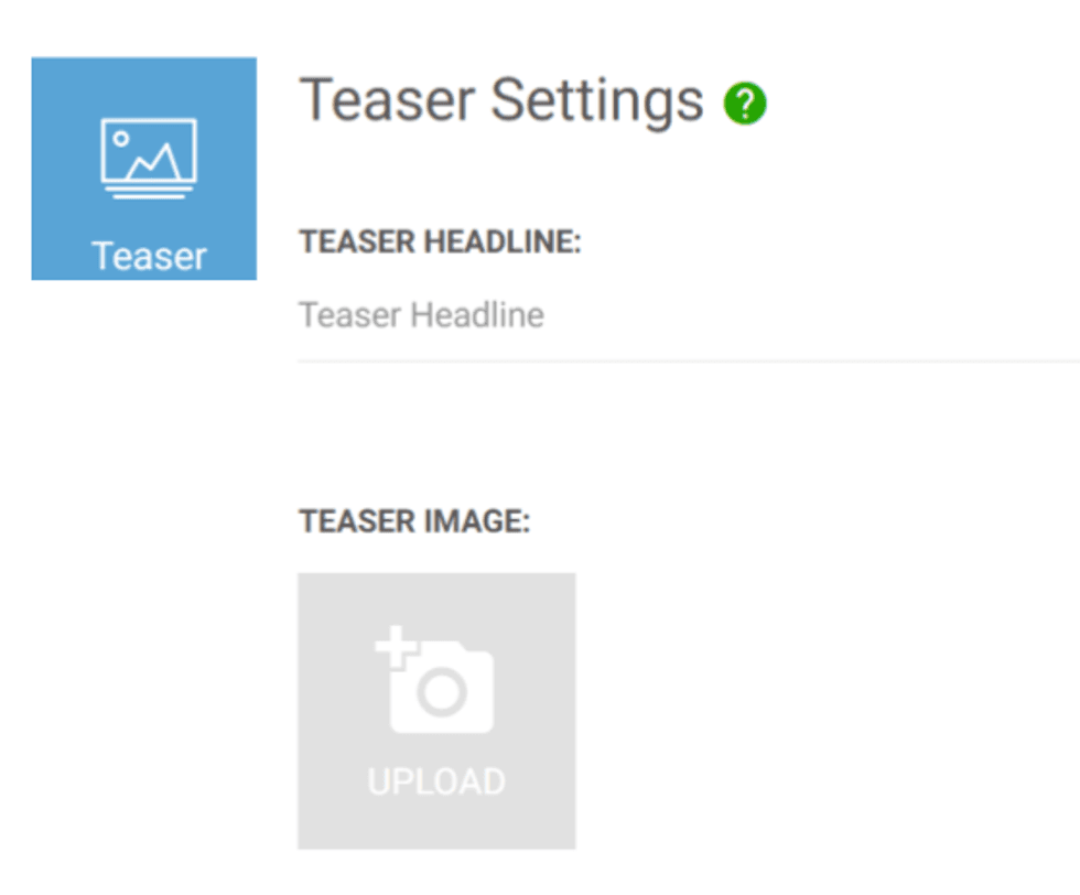 Teaser Settings page with upload option for teaser image and headline field.