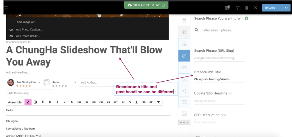 Text editor screen showing a draft titled "A ChungHa Slideshow That'll Blow You Away."
