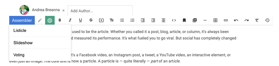 Text editor with dropdown menu showing options: Listicle, Slideshow, Voting.