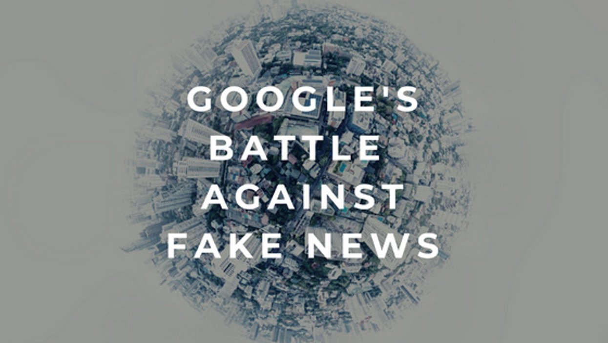 Text "Google's Battle Against Fake News" over a circular cityscape.