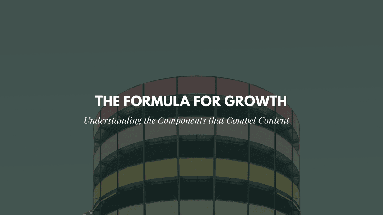 Text overlay: "The Formula for Growth" on colorful building background.