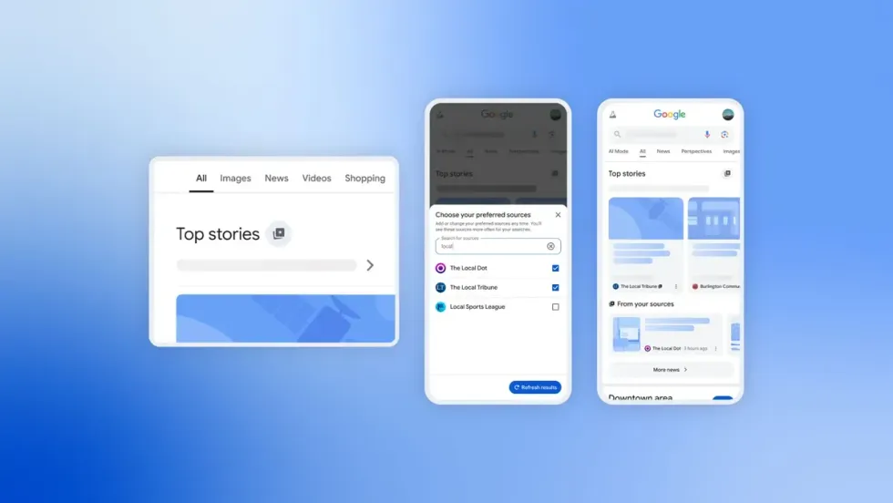 three Google Search screens with Top Stories and source preferences