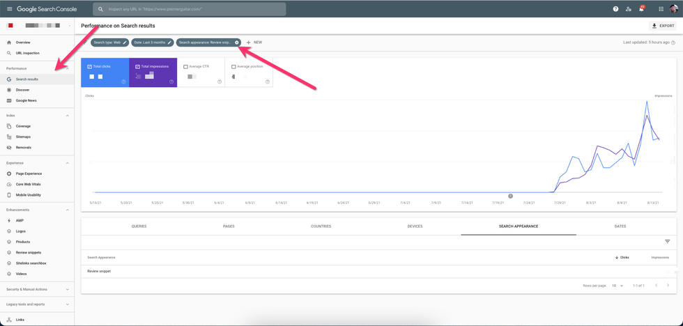 track review snippets in search console