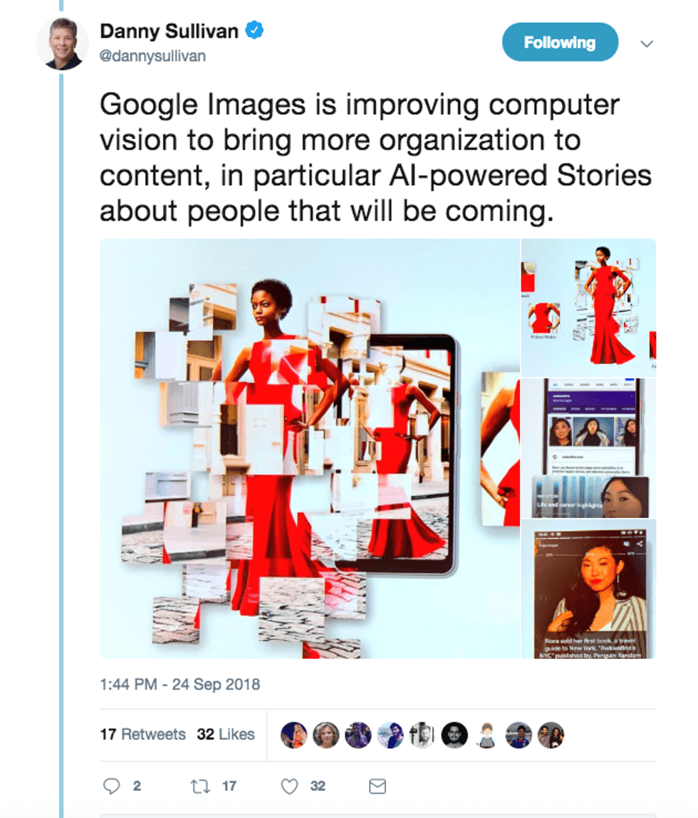 Tweet about AI-powered image organization with a photo collage of a woman in red.
