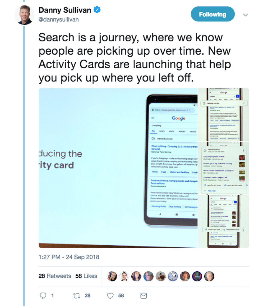 Tweet about Google Activity Cards launch, featuring a phone with search examples.