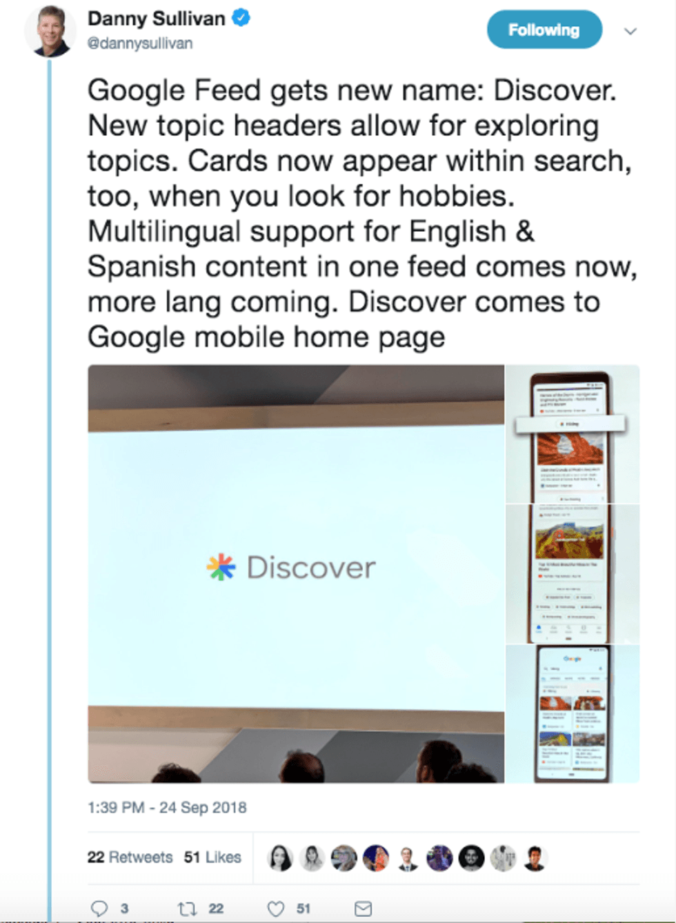 Tweet about Google Feed renamed to Discover, showcasing new features and multilingual support.