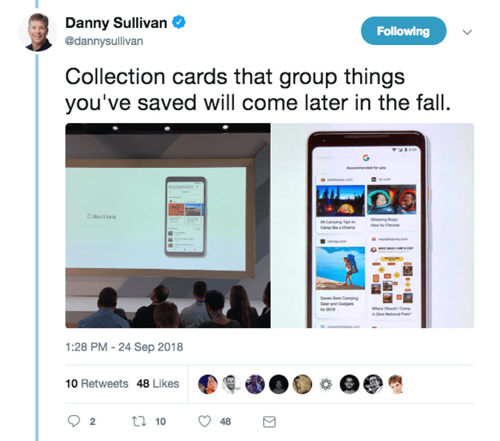 Tweet about upcoming collection card feature, showing a presentation and mobile display.