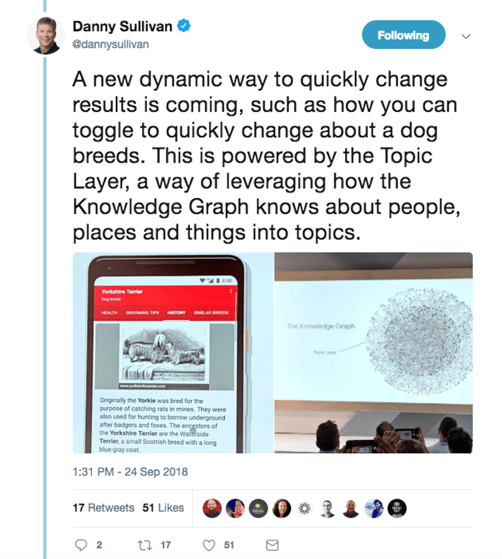 Tweet about using Knowledge Graph to change search results dynamically.