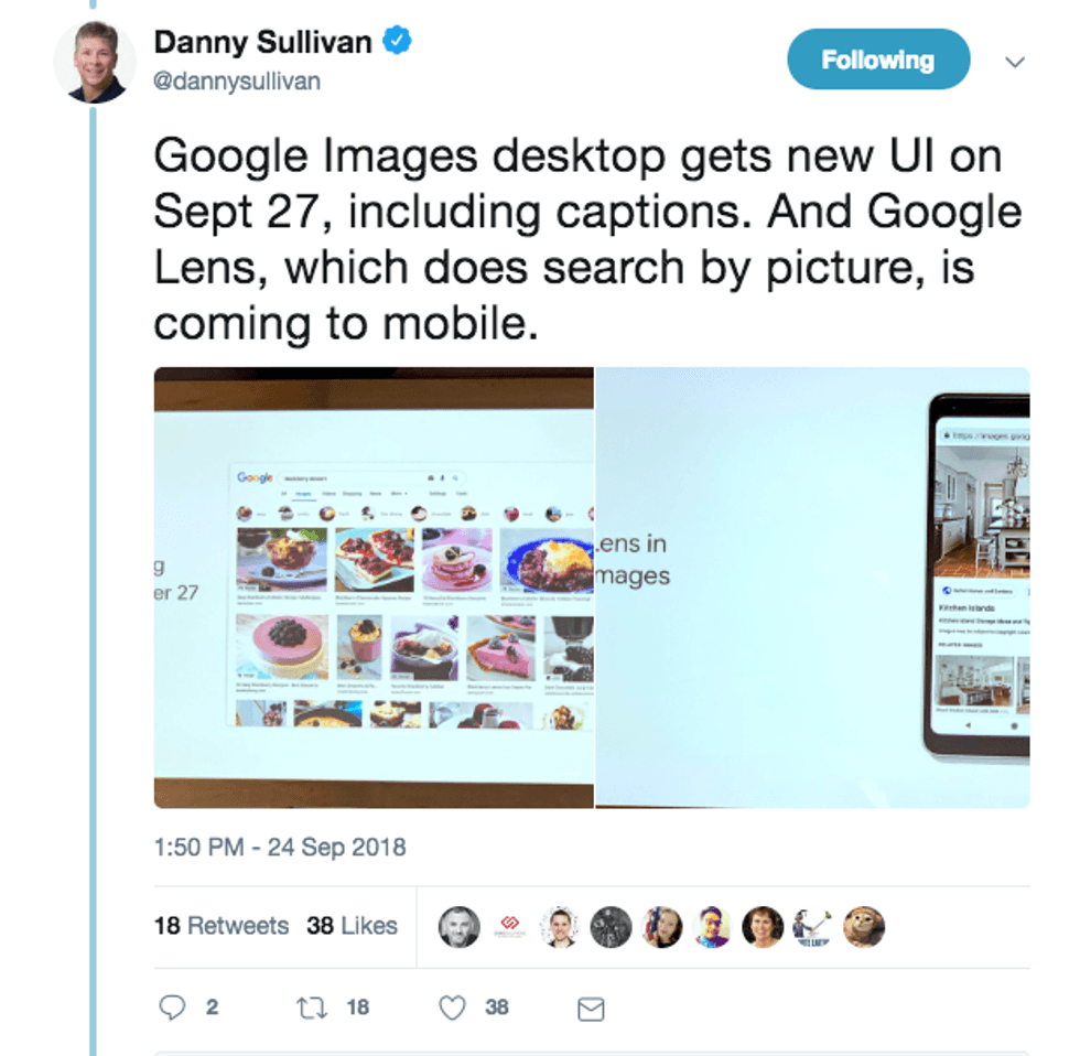 Tweet announcing Google Images UI update and Google Lens on mobile.