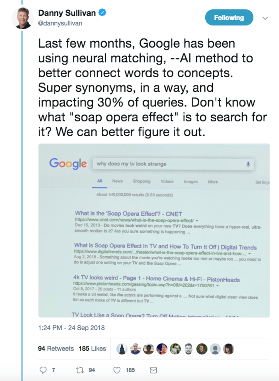 Tweet discusses Google's neural matching and "soap opera effect" search results.