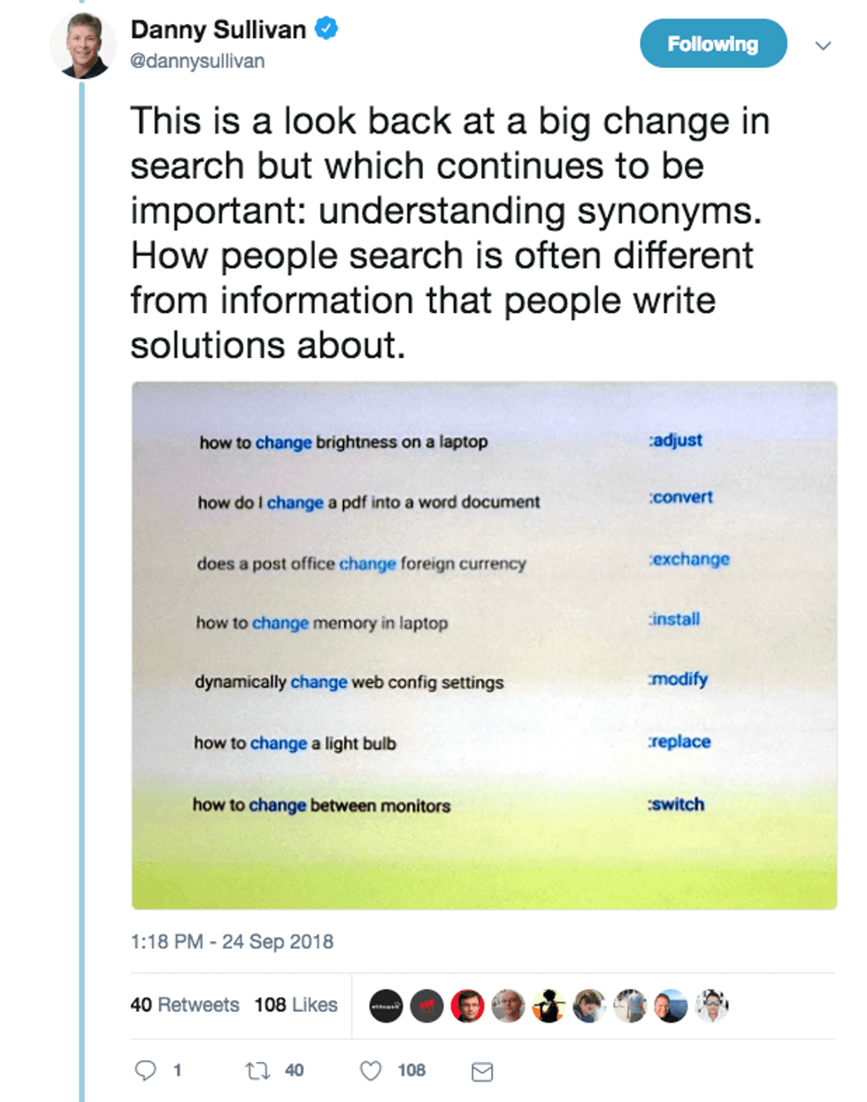 Tweet discussing synonym understanding in search, with examples of "change" and alternatives.