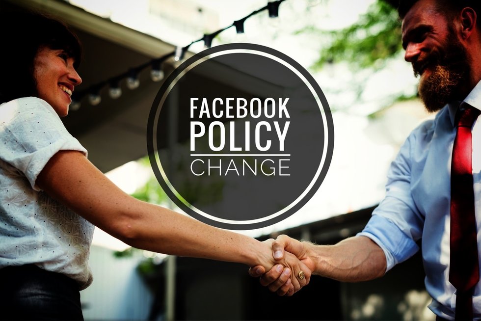 Two people shaking hands with "Facebook Policy Change" text overlay.