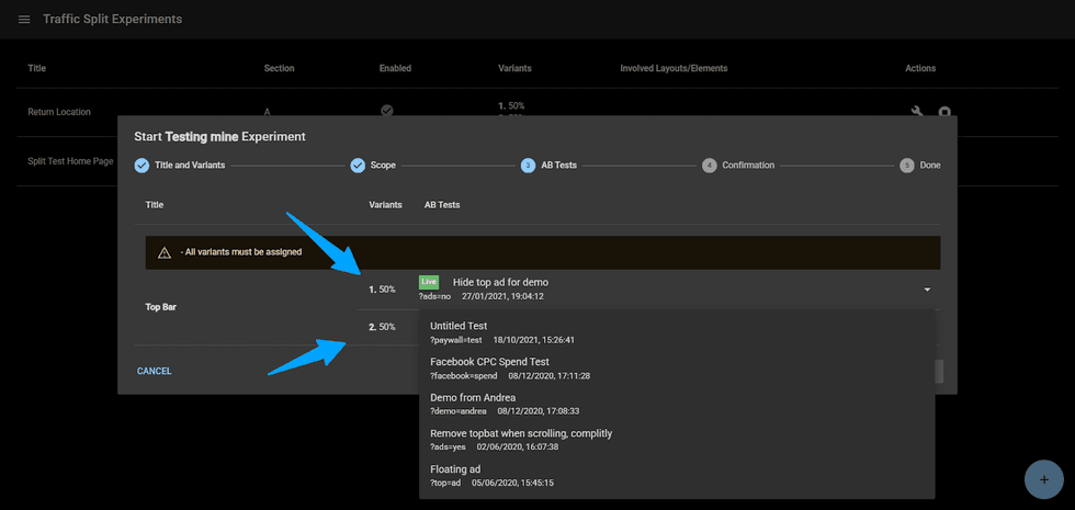 UI for setting up a traffic split experiment with variant assignment warnings.