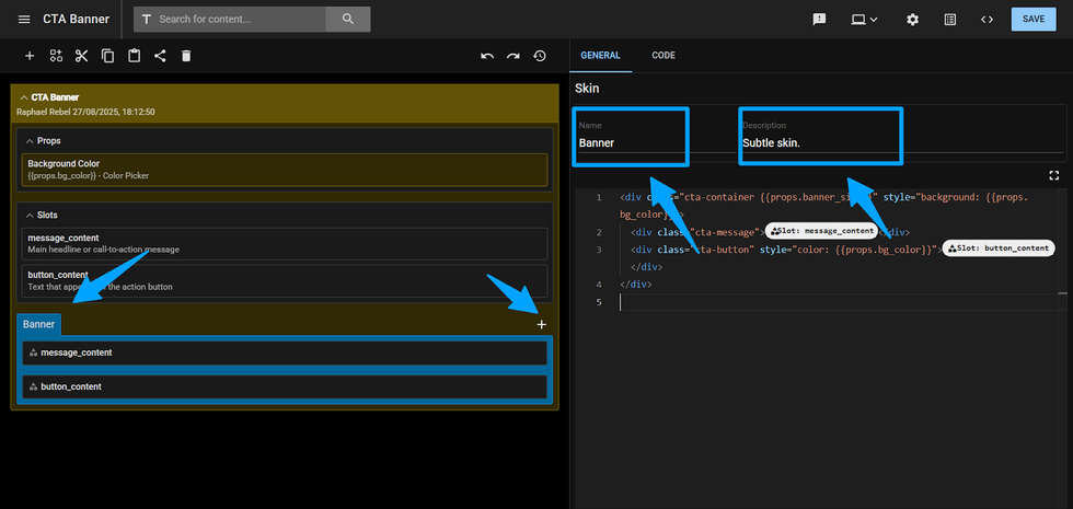 UI of a CTA Banner editor with code and settings panels.