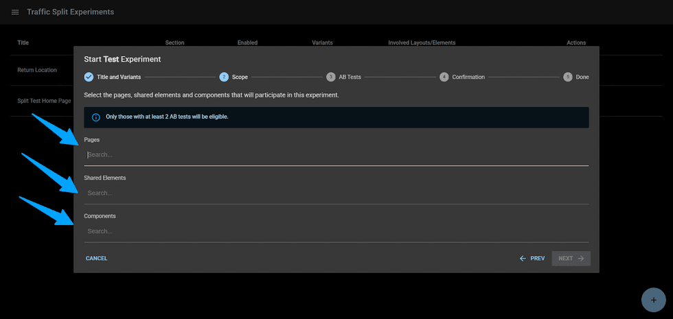 UI screen for starting a traffic split experiment with search fields for pages, elements, components.