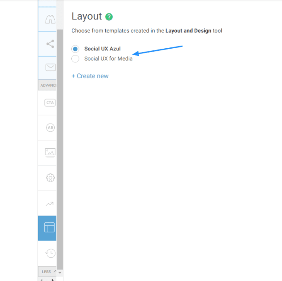 UI screen showing layout options "Social UX Azul" and "Social UX for Media".